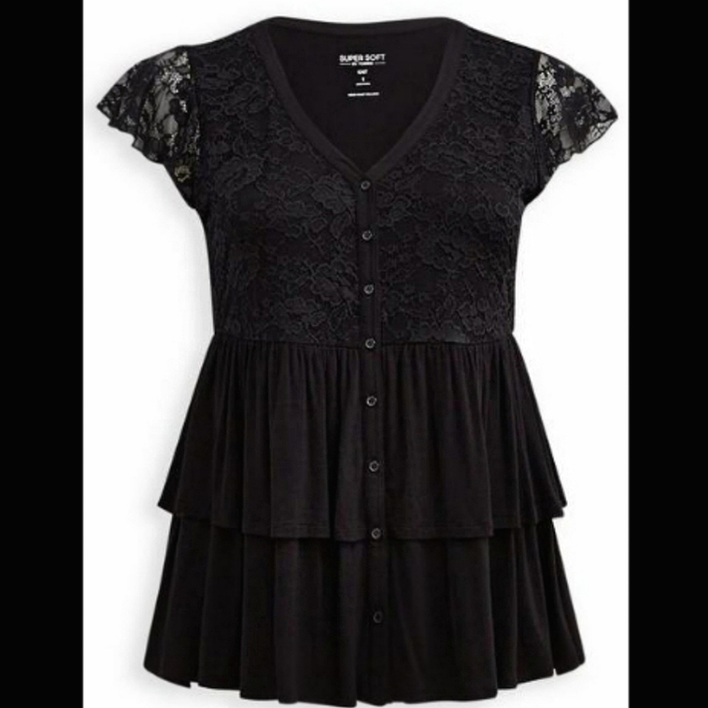 TORRID Super Soft V-Neck Lace Bodice Tiered Babydoll Top